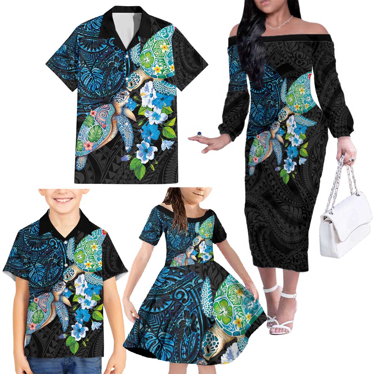 Hawaiian Couple Turtles Honi Family Matching Off The Shoulder Long Sleeve Dress and Hawaiian Shirt Polynesian Art Motifs and Hibiscus Black Blue Color - Polynesian Pride