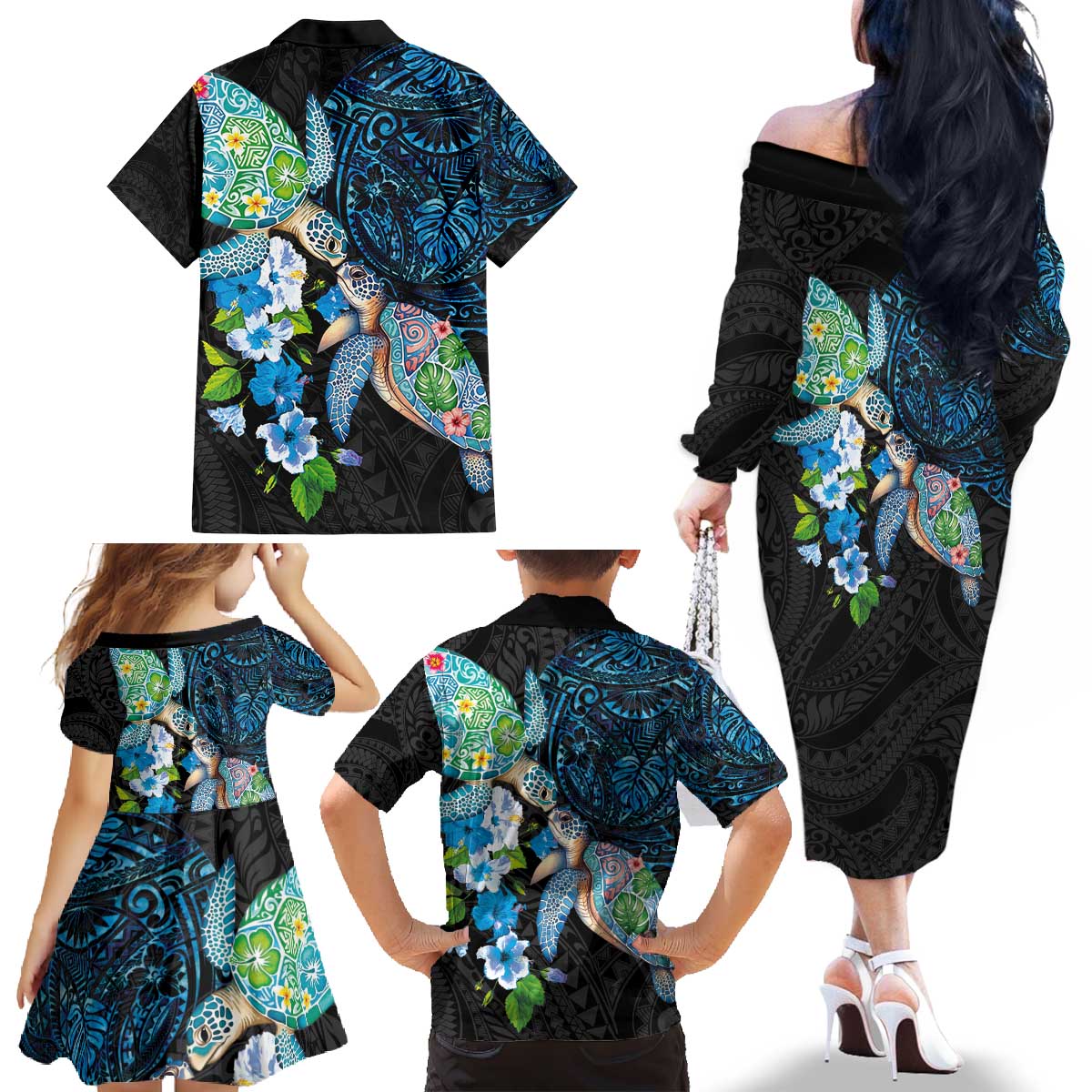 Hawaiian Couple Turtles Honi Family Matching Off The Shoulder Long Sleeve Dress and Hawaiian Shirt Polynesian Art Motifs and Hibiscus Black Blue Color - Polynesian Pride