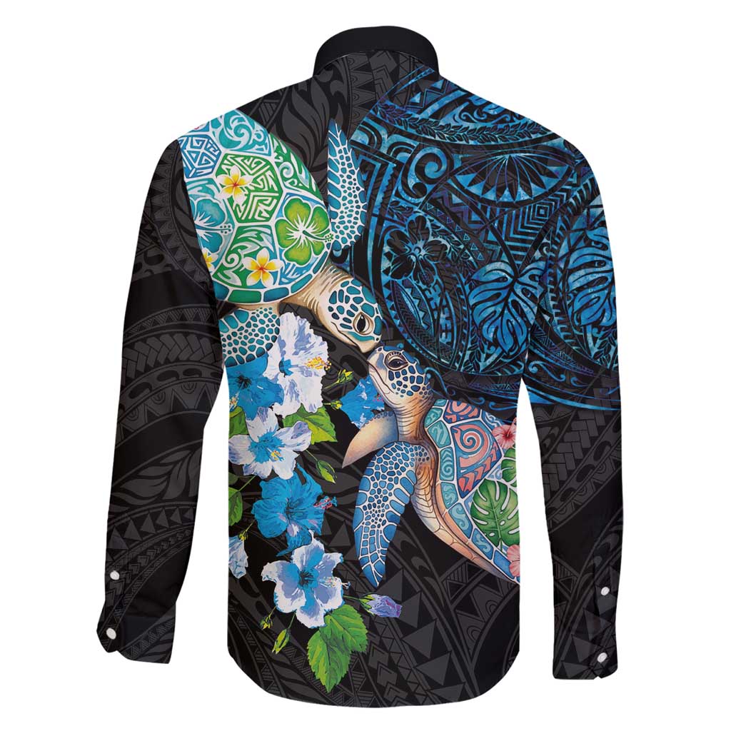 Hawaiian Couple Turtles Honi Family Matching Off Shoulder Maxi Dress and Hawaiian Shirt Polynesian Art Motifs and Hibiscus Black Blue Color - Polynesian Pride