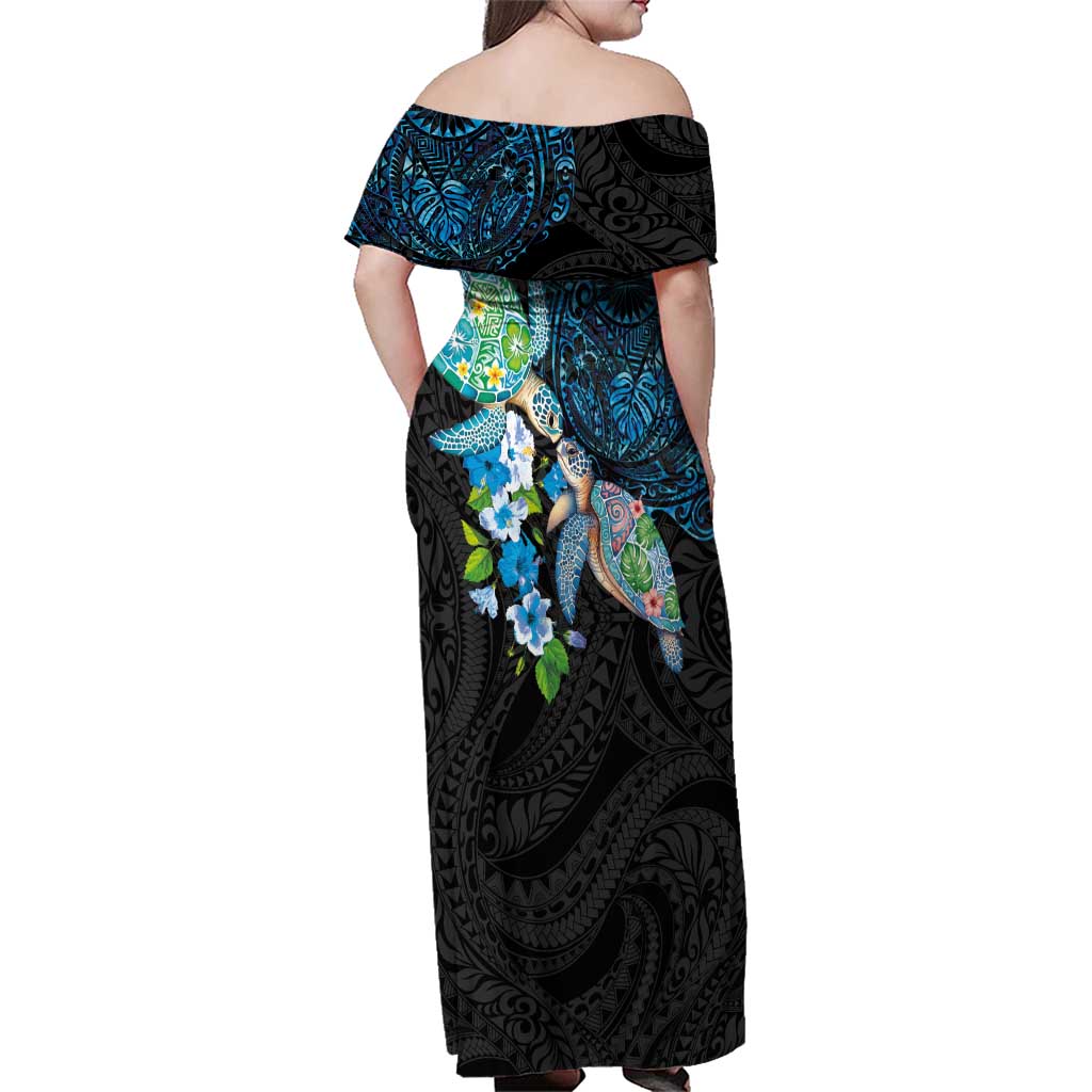 Hawaiian Couple Turtles Honi Family Matching Off Shoulder Maxi Dress and Hawaiian Shirt Polynesian Art Motifs and Hibiscus Black Blue Color - Polynesian Pride