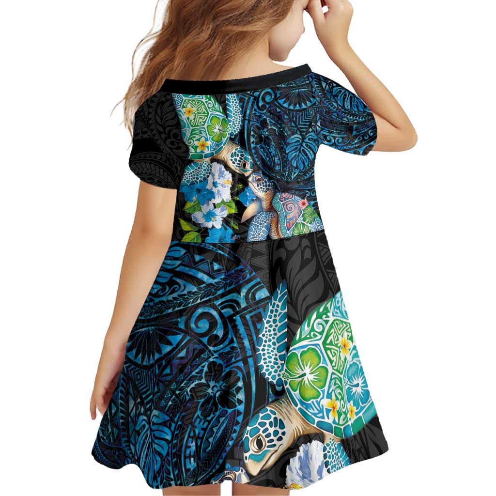 Hawaiian Couple Turtles Honi Family Matching Off Shoulder Short Dress and Hawaiian Shirt Polynesian Art Motifs and Hibiscus Black Blue Color - Polynesian Pride