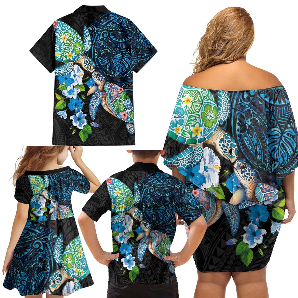 Hawaiian Couple Turtles Honi Family Matching Off Shoulder Short Dress and Hawaiian Shirt Polynesian Art Motifs and Hibiscus Black Blue Color - Polynesian Pride