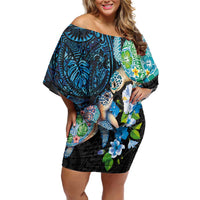 Hawaiian Couple Turtles Honi Family Matching Off Shoulder Short Dress and Hawaiian Shirt Polynesian Art Motifs and Hibiscus Black Blue Color - Polynesian Pride