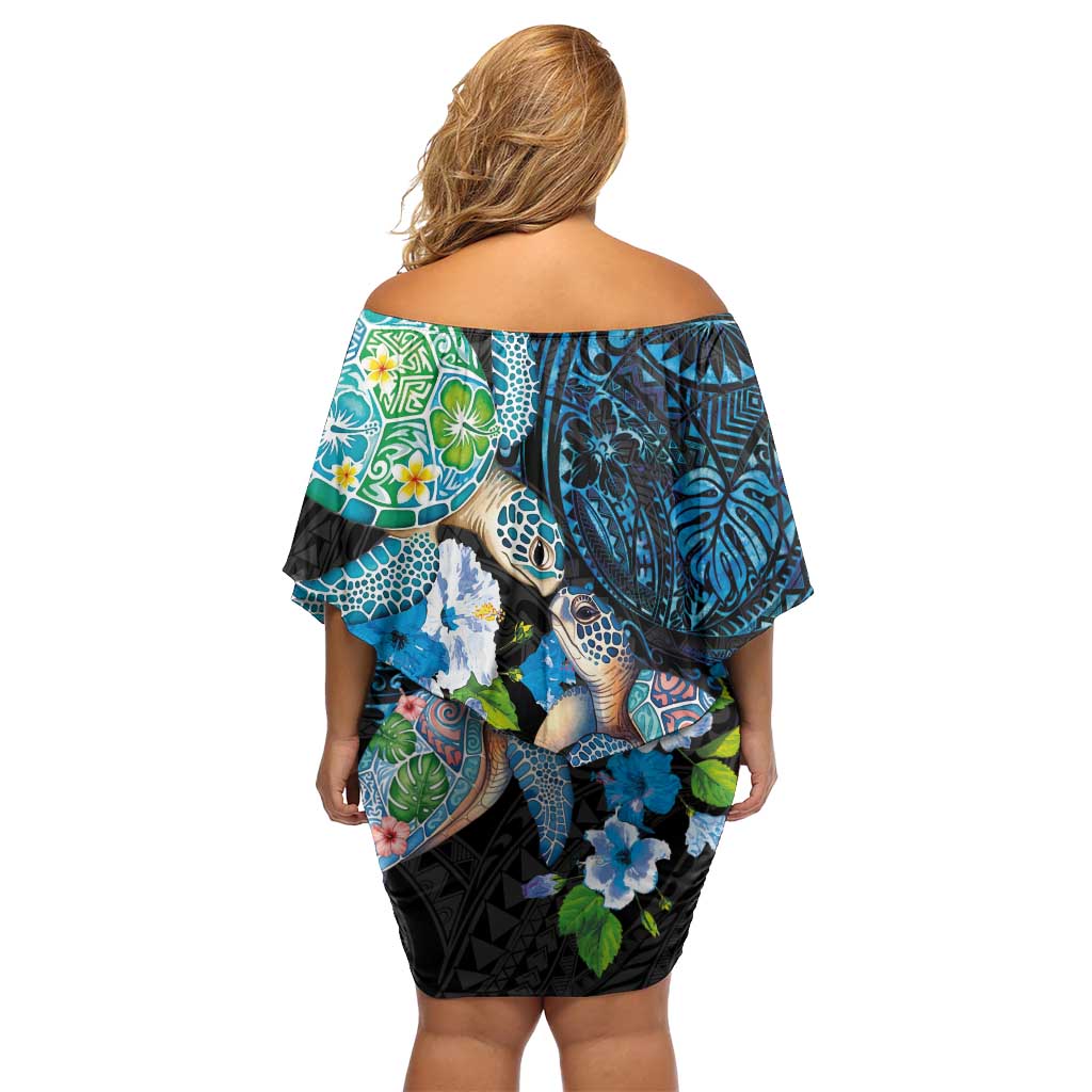 Hawaiian Couple Turtles Honi Family Matching Off Shoulder Short Dress and Hawaiian Shirt Polynesian Art Motifs and Hibiscus Black Blue Color - Polynesian Pride