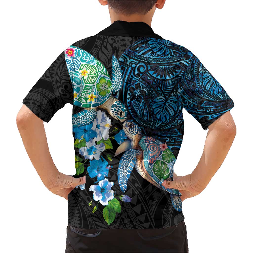 Hawaiian Couple Turtles Honi Family Matching Short Sleeve Bodycon Dress and Hawaiian Shirt Polynesian Art Motifs and Hibiscus Black Blue Color - Polynesian Pride