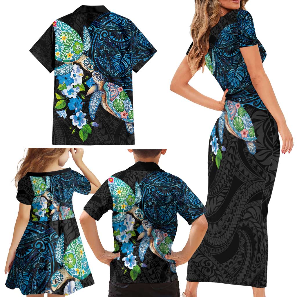 Hawaiian Couple Turtles Honi Family Matching Short Sleeve Bodycon Dress and Hawaiian Shirt Polynesian Art Motifs and Hibiscus Black Blue Color - Polynesian Pride