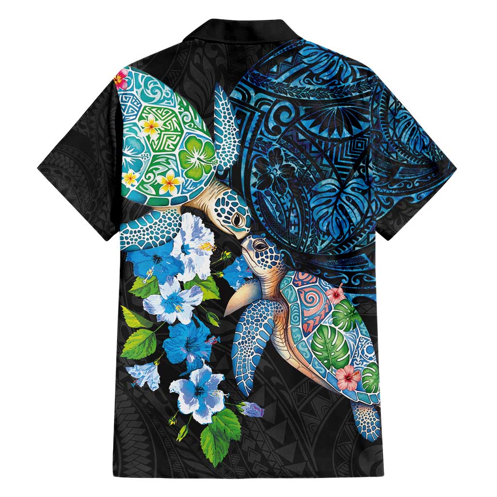 Hawaiian Couple Turtles Honi Family Matching Short Sleeve Bodycon Dress and Hawaiian Shirt Polynesian Art Motifs and Hibiscus Black Blue Color - Polynesian Pride