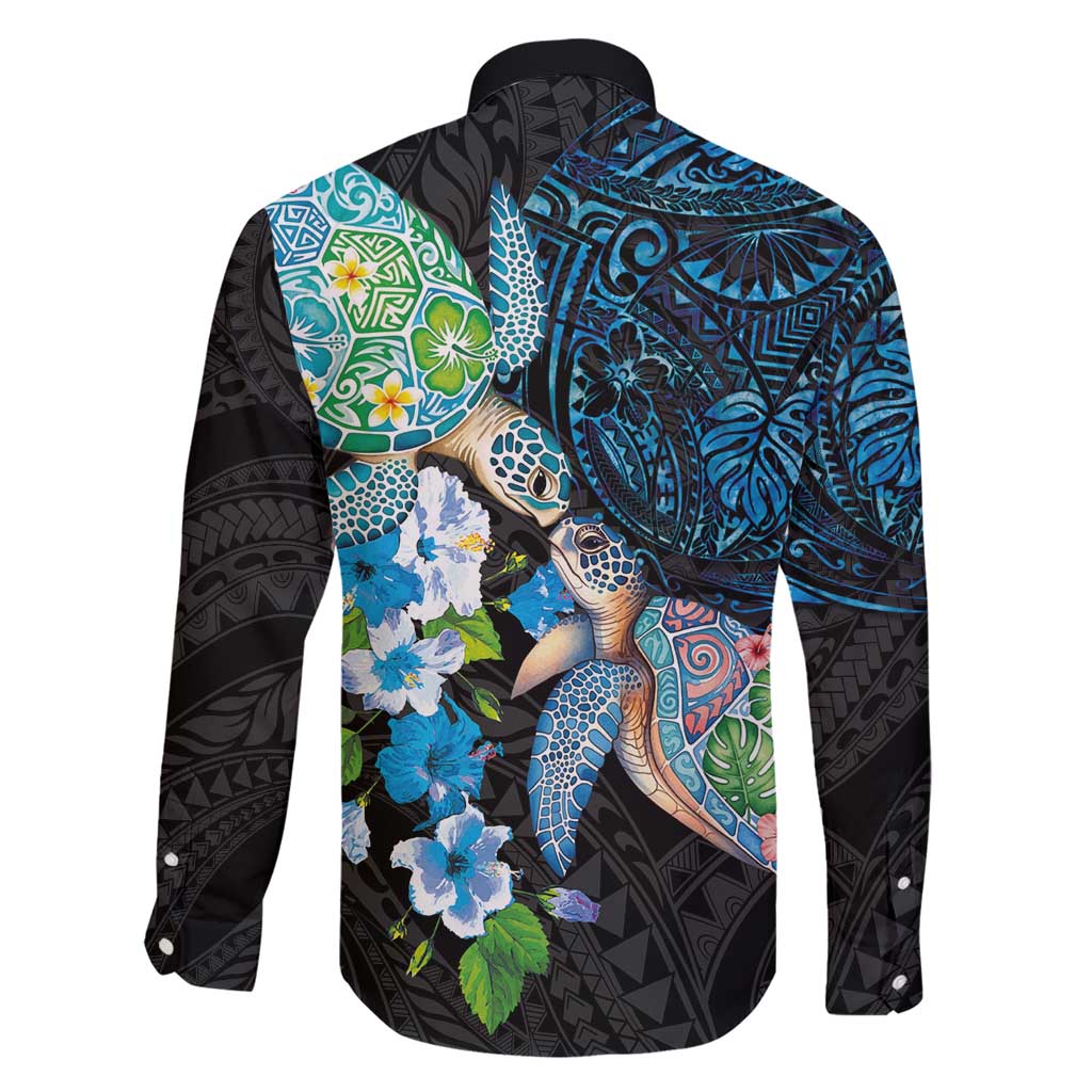 Hawaiian Couple Turtles Honi Family Matching Short Sleeve Bodycon Dress and Hawaiian Shirt Polynesian Art Motifs and Hibiscus Black Blue Color - Polynesian Pride