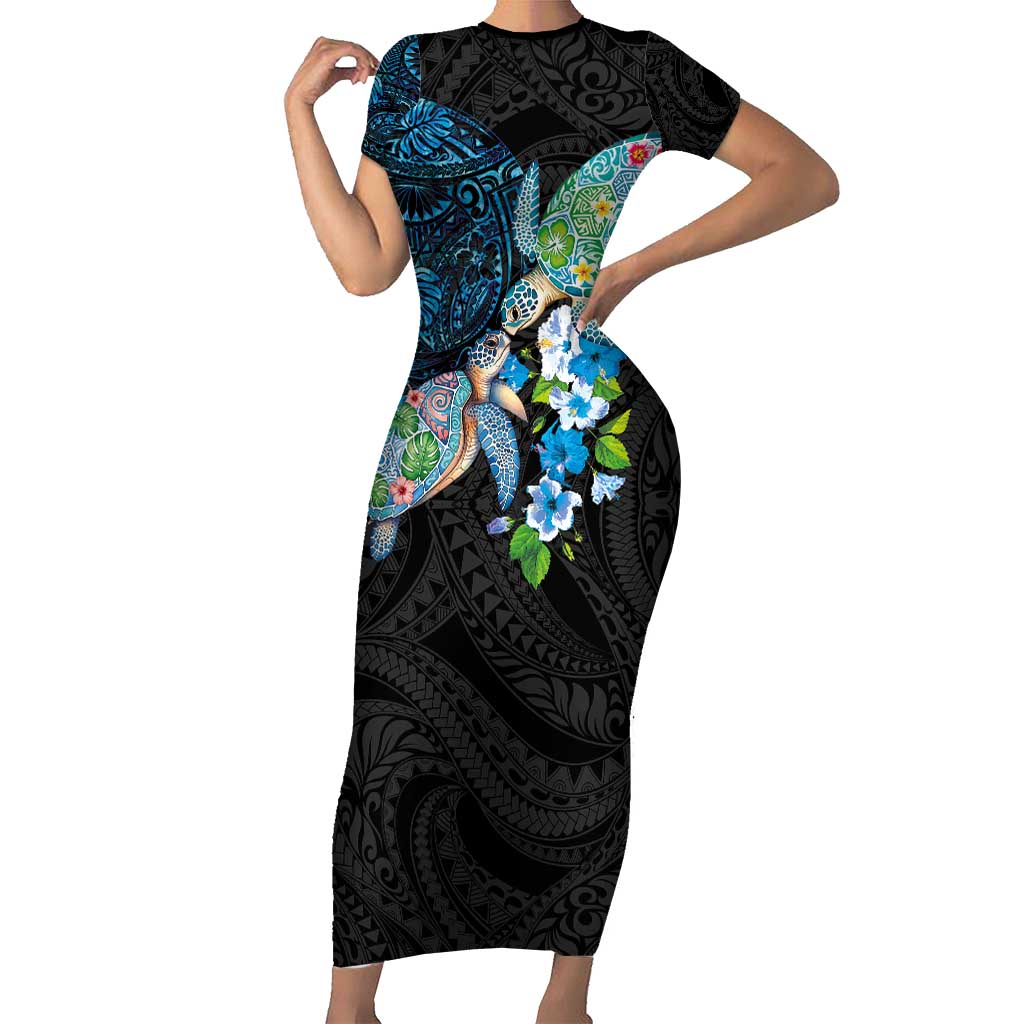 Hawaiian Couple Turtles Honi Family Matching Short Sleeve Bodycon Dress and Hawaiian Shirt Polynesian Art Motifs and Hibiscus Black Blue Color - Polynesian Pride
