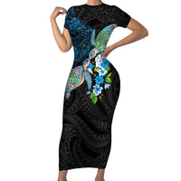 Hawaiian Couple Turtles Honi Family Matching Short Sleeve Bodycon Dress and Hawaiian Shirt Polynesian Art Motifs and Hibiscus Black Blue Color - Polynesian Pride