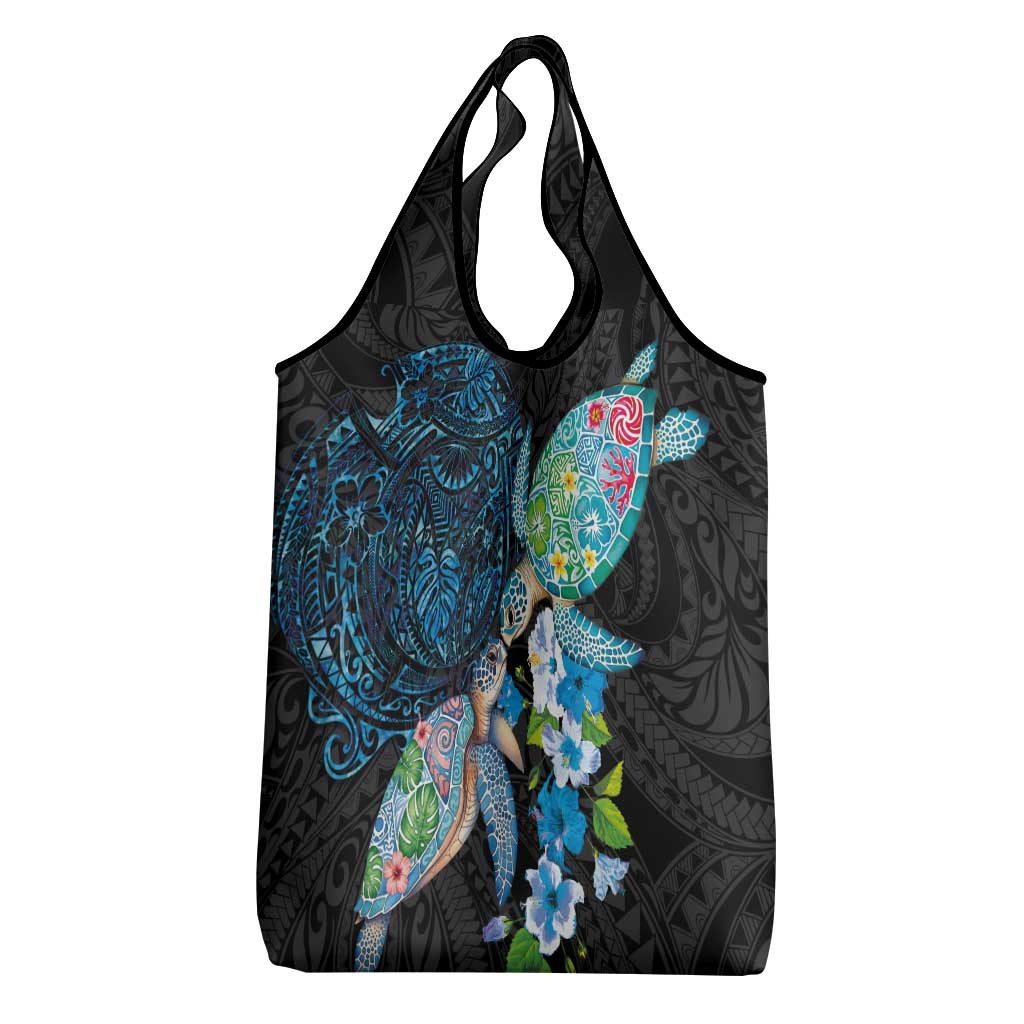 Hawaiian Couple Turtles Honi Grocery Bag Polynesian Art Motifs and Hibiscus Black Blue Color - Polynesian Pride