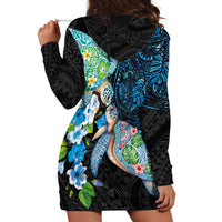 Hawaiian Couple Turtles Honi Hoodie Dress Polynesian Art Motifs and Hibiscus Black Blue Color - Polynesian Pride