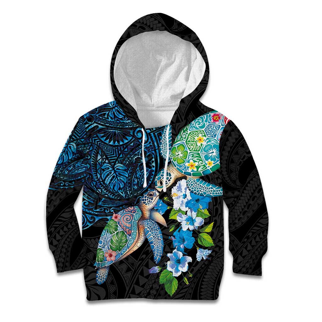 Hawaiian Couple Turtles Honi Kid Hoodie Polynesian Art Motifs and Hibiscus Black Blue Color - Polynesian Pride
