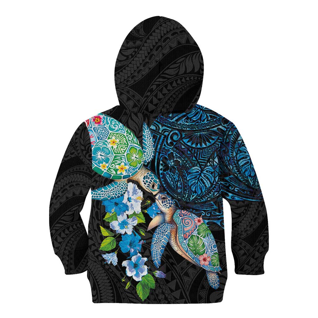 Hawaiian Couple Turtles Honi Kid Hoodie Polynesian Art Motifs and Hibiscus Black Blue Color - Polynesian Pride