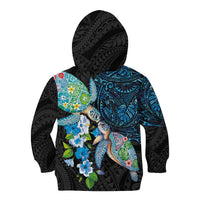 Hawaiian Couple Turtles Honi Kid Hoodie Polynesian Art Motifs and Hibiscus Black Blue Color - Polynesian Pride
