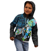 Hawaiian Couple Turtles Honi Kid Hoodie Polynesian Art Motifs and Hibiscus Black Blue Color - Polynesian Pride