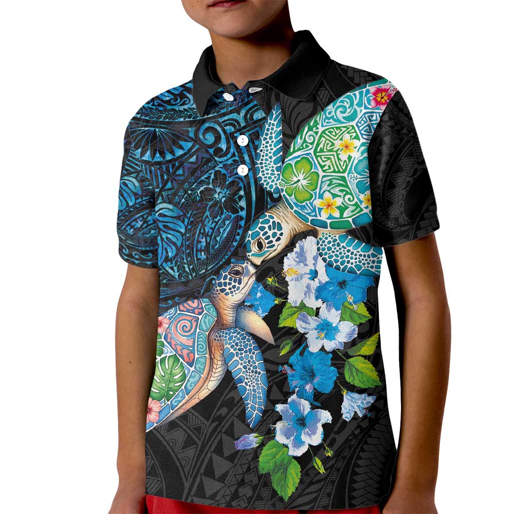 Hawaiian Couple Turtles Honi Kid Polo Shirt Polynesian Art Motifs and Hibiscus Black Blue Color - Polynesian Pride