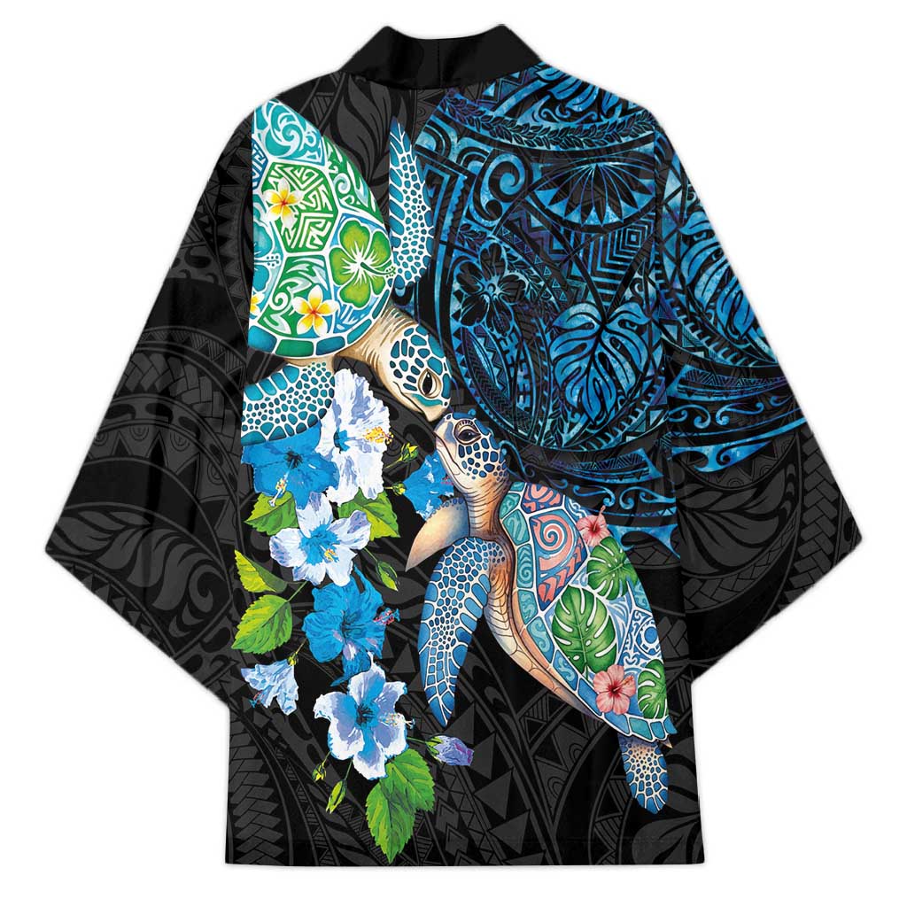 Hawaiian Couple Turtles Honi Kimono Polynesian Art Motifs and Hibiscus Black Blue Color - Polynesian Pride