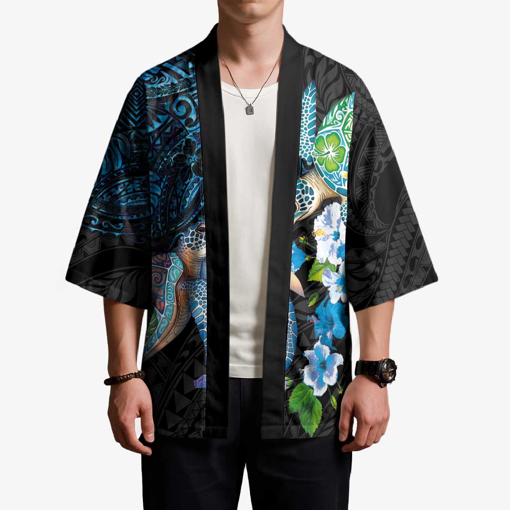 Hawaiian Couple Turtles Honi Kimono Polynesian Art Motifs and Hibiscus Black Blue Color - Polynesian Pride