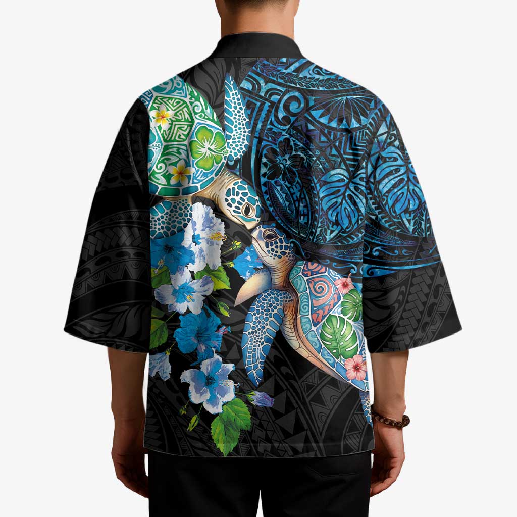 Hawaiian Couple Turtles Honi Kimono Polynesian Art Motifs and Hibiscus Black Blue Color - Polynesian Pride