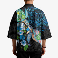 Hawaiian Couple Turtles Honi Kimono Polynesian Art Motifs and Hibiscus Black Blue Color - Polynesian Pride