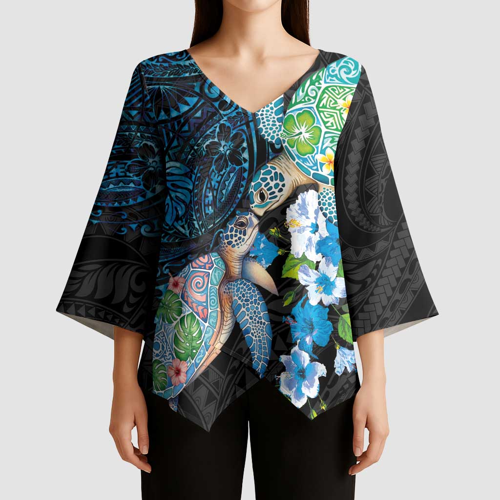 Hawaiian Couple Turtles Honi Kimono Sleeve Blouse Polynesian Art Motifs and Hibiscus Black Blue Color - Polynesian Pride