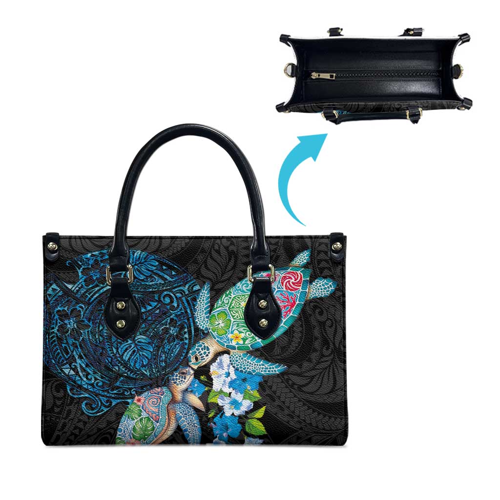 Hawaiian Couple Turtles Honi Leather Bag Polynesian Art Motifs and Hibiscus Black Blue Color - Polynesian Pride