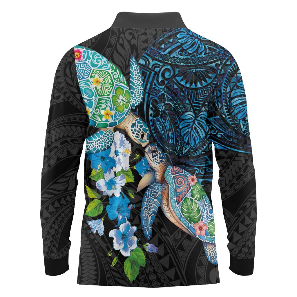 Hawaiian Couple Turtles Honi Long Sleeve Polo Shirt Polynesian Art Motifs and Hibiscus Black Blue Color - Polynesian Pride