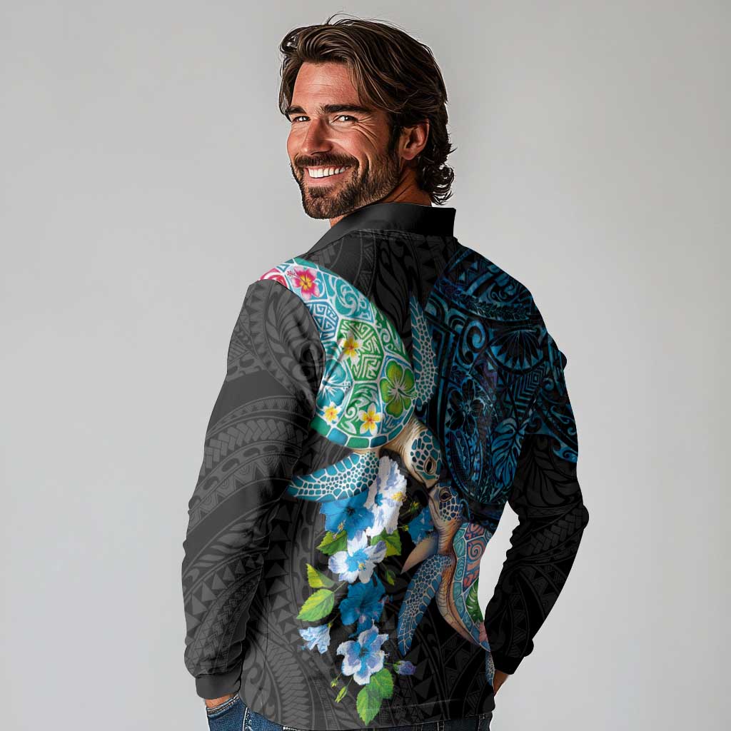 Hawaiian Couple Turtles Honi Long Sleeve Polo Shirt Polynesian Art Motifs and Hibiscus Black Blue Color - Polynesian Pride