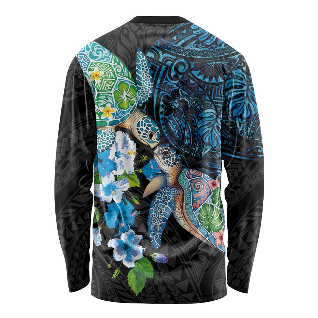 Hawaiian Couple Turtles Honi Long Sleeve Shirt Polynesian Art Motifs and Hibiscus Black Blue Color - Polynesian Pride