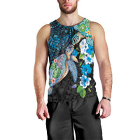 Hawaiian Couple Turtles Honi Men Tank Top Polynesian Art Motifs and Hibiscus Black Blue Color - Polynesian Pride