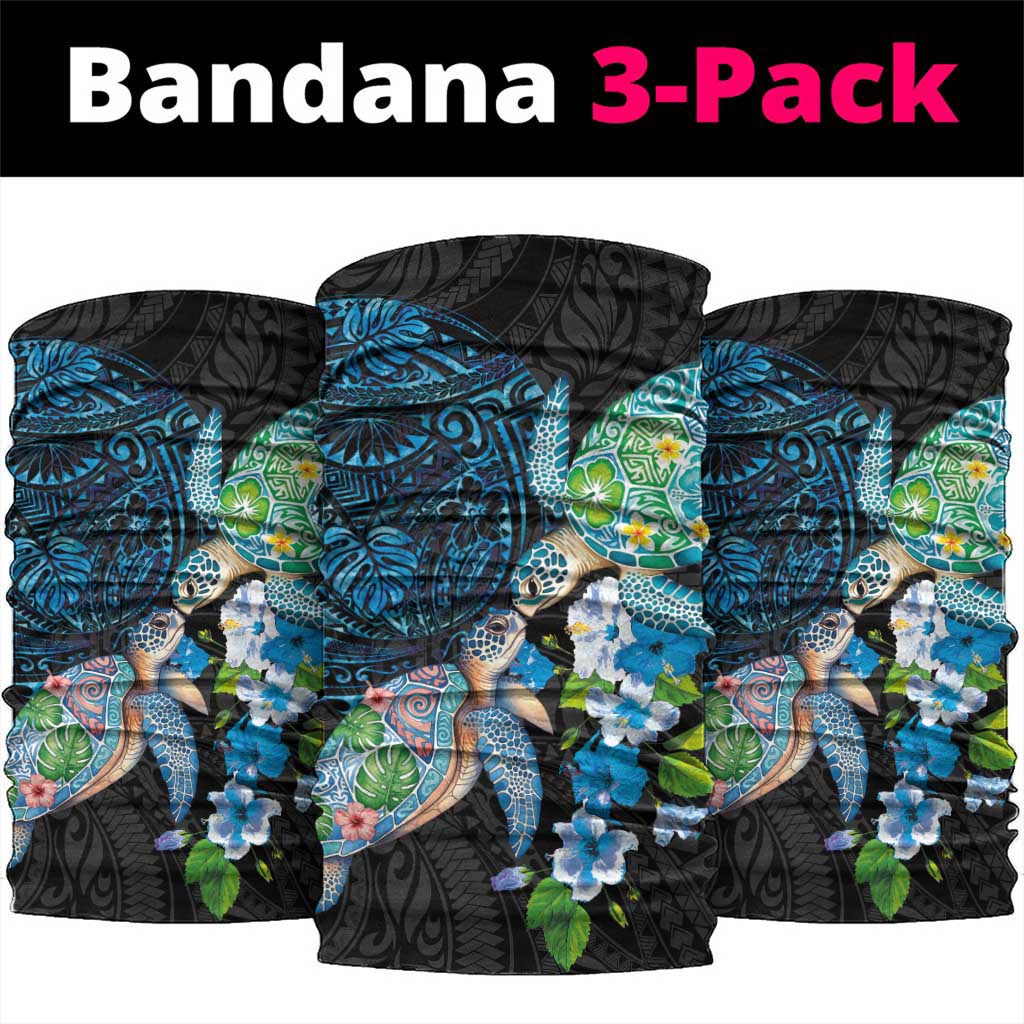 Hawaiian Couple Turtles Honi Neck Gaiter Polynesian Art Motifs and Hibiscus Black Blue Color - Polynesian Pride