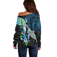 Hawaiian Couple Turtles Honi Off Shoulder Sweater Polynesian Art Motifs and Hibiscus Black Blue Color - Polynesian Pride