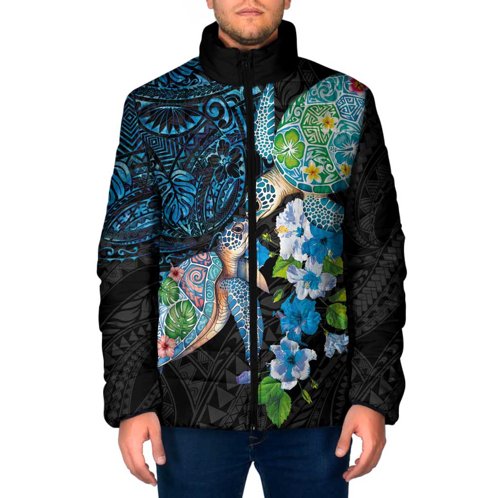 Hawaiian Couple Turtles Honi Padded Jacket Polynesian Art Motifs and Hibiscus Black Blue Color - Polynesian Pride