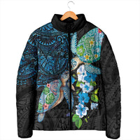 Hawaiian Couple Turtles Honi Padded Jacket Polynesian Art Motifs and Hibiscus Black Blue Color - Polynesian Pride