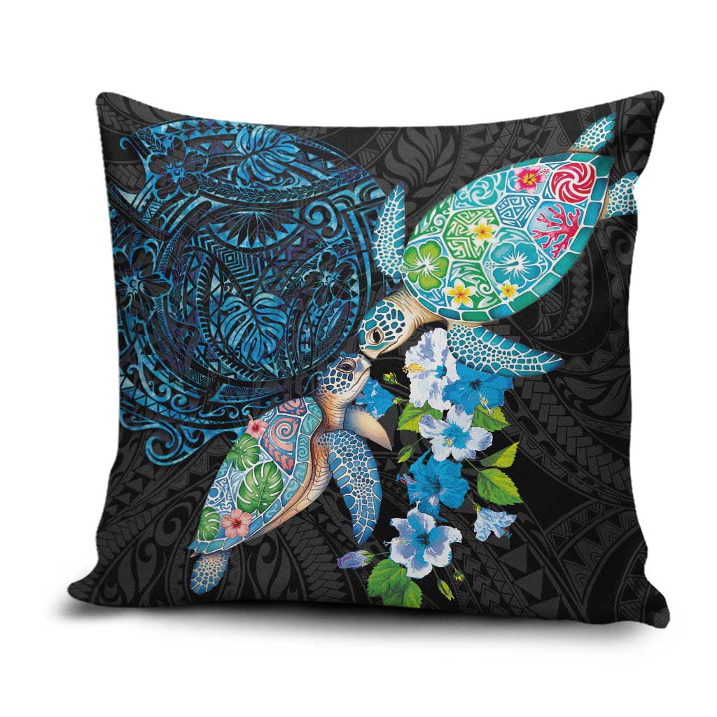 Hawaiian Couple Turtles Honi Pillow Cover Polynesian Art Motifs and Hibiscus Black Blue Color - Polynesian Pride