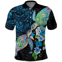 Hawaiian Couple Turtles Honi Polo Shirt Polynesian Art Motifs and Hibiscus Black Blue Color - Polynesian Pride
