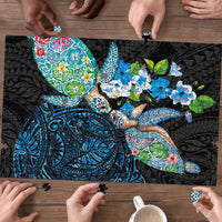 Hawaiian Couple Turtles Honi Puzzle Polynesian Art Motifs and Hibiscus Black Blue Color - Polynesian Pride