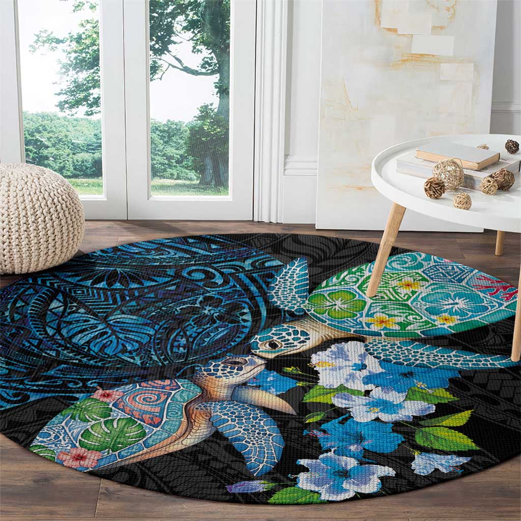 Hawaiian Couple Turtles Honi Round Carpet Polynesian Art Motifs and Hibiscus Black Blue Color - Polynesian Pride