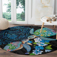 Hawaiian Couple Turtles Honi Round Carpet Polynesian Art Motifs and Hibiscus Black Blue Color - Polynesian Pride