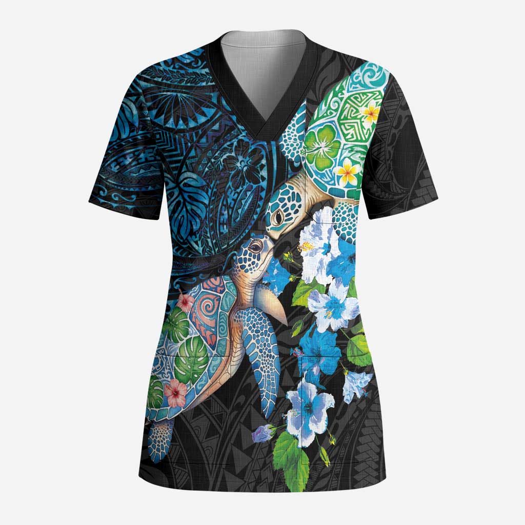 Hawaiian Couple Turtles Honi Scrub Top Polynesian Art Motifs and Hibiscus Black Blue Color - Polynesian Pride