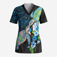 Hawaiian Couple Turtles Honi Scrub Top Polynesian Art Motifs and Hibiscus Black Blue Color - Polynesian Pride
