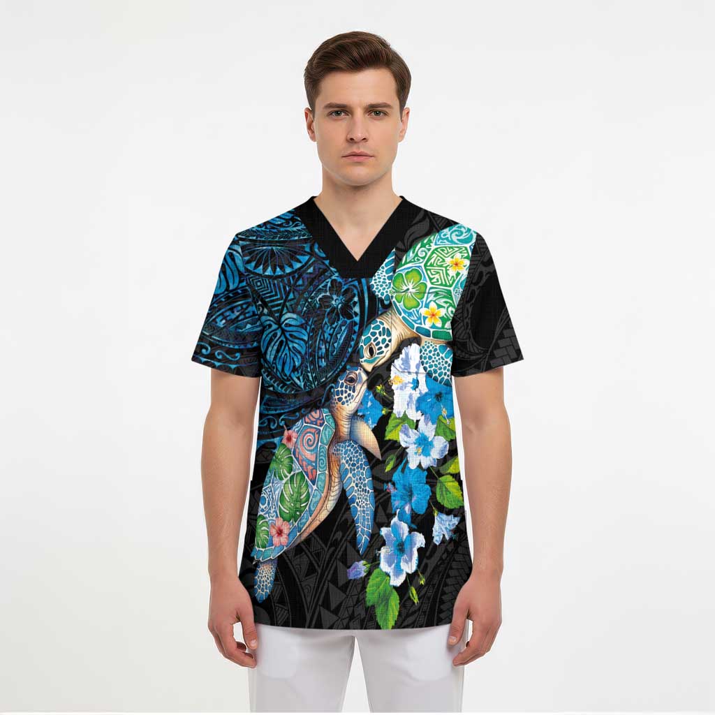 Hawaiian Couple Turtles Honi Scrub Top Polynesian Art Motifs and Hibiscus Black Blue Color - Polynesian Pride