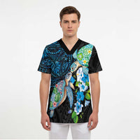 Hawaiian Couple Turtles Honi Scrub Top Polynesian Art Motifs and Hibiscus Black Blue Color - Polynesian Pride