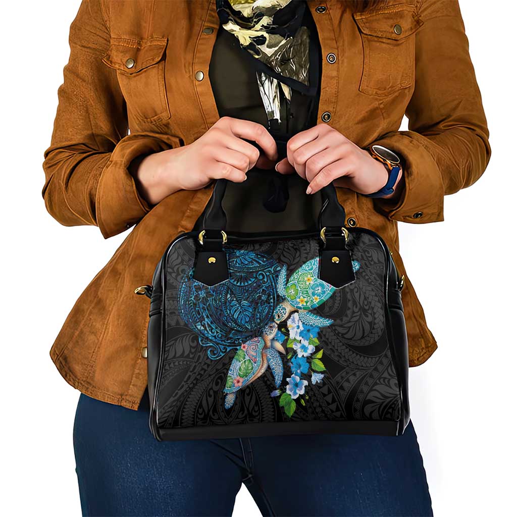 Hawaiian Couple Turtles Honi Shoulder Handbag Polynesian Art Motifs and Hibiscus Black Blue Color - Polynesian Pride