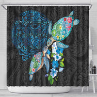 Hawaiian Couple Turtles Honi Shower Curtain Polynesian Art Motifs and Hibiscus Black Blue Color - Polynesian Pride