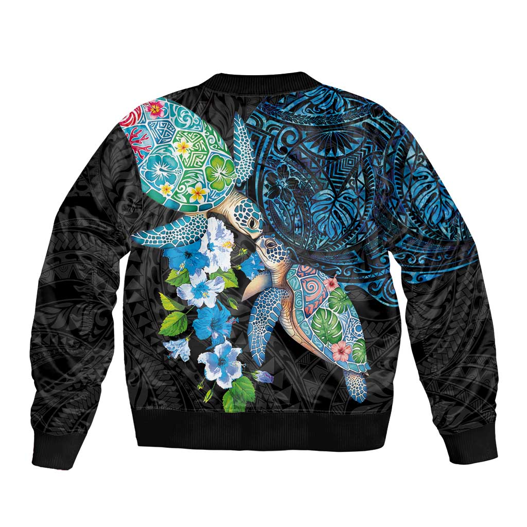 Hawaiian Couple Turtles Honi Sleeve Zip Bomber Jacket Polynesian Art Motifs and Hibiscus Black Blue Color - Polynesian Pride