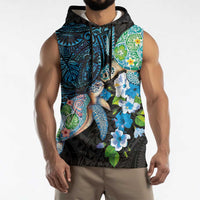 Hawaiian Couple Turtles Honi Sleeveless Hoodie Polynesian Art Motifs and Hibiscus Black Blue Color - Polynesian Pride