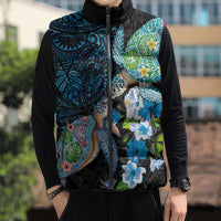 Hawaiian Couple Turtles Honi Sleeveless Puffer Jacket Polynesian Art Motifs and Hibiscus Black Blue Color - Polynesian Pride