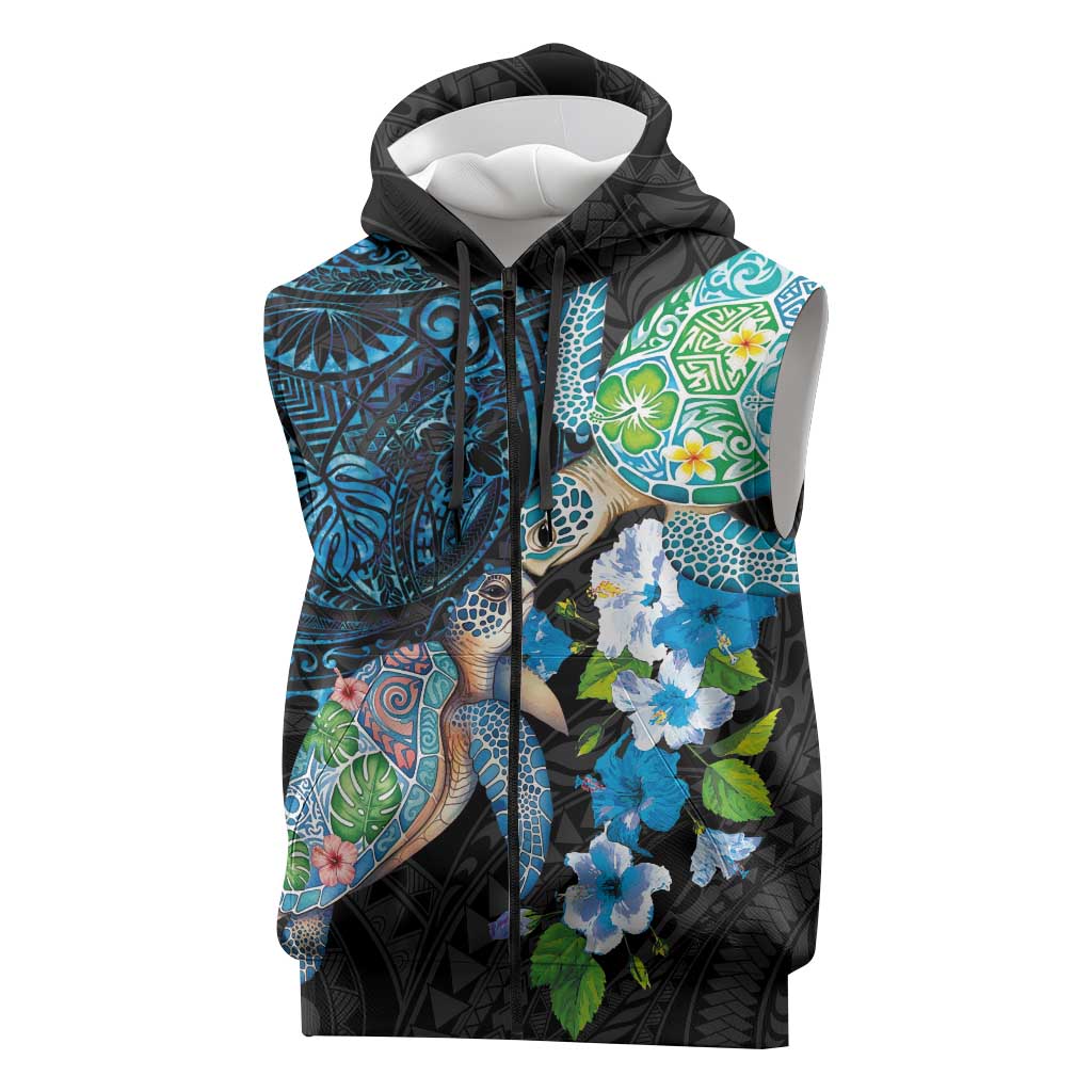 Hawaiian Couple Turtles Honi Sleeveless Zip Hoodie Polynesian Art Motifs and Hibiscus Black Blue Color - Polynesian Pride
